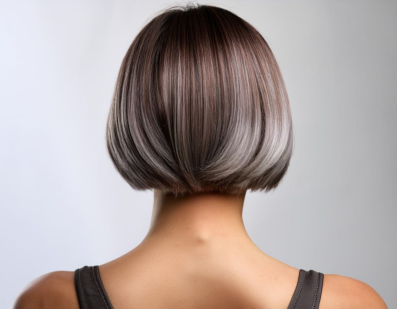 balayage gris d'une brune aux cheveux court