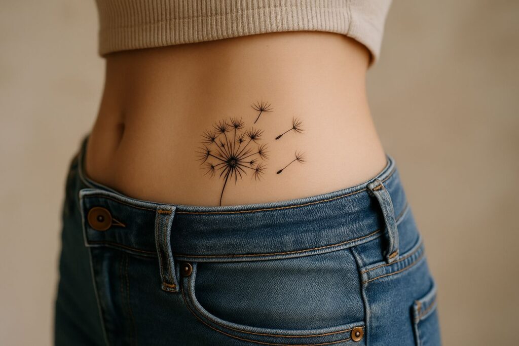 tatouage pissenlit sur le ventre d'une femme