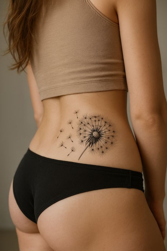 tatouage pissenlit sur la hanche d'une femme