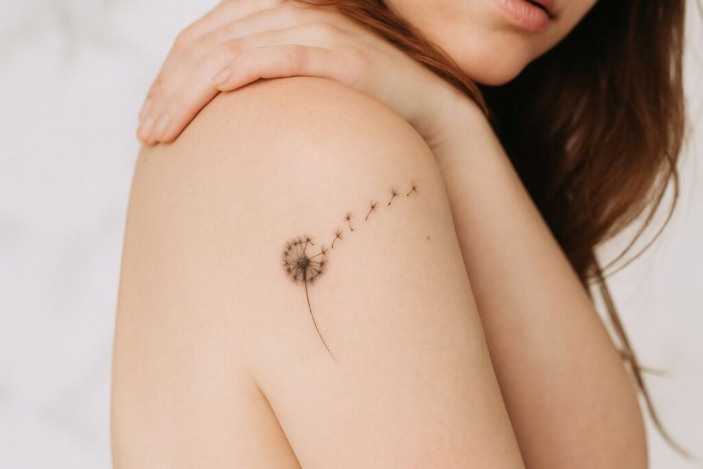 tatouage pissenlit sur l'epaule d'une femme