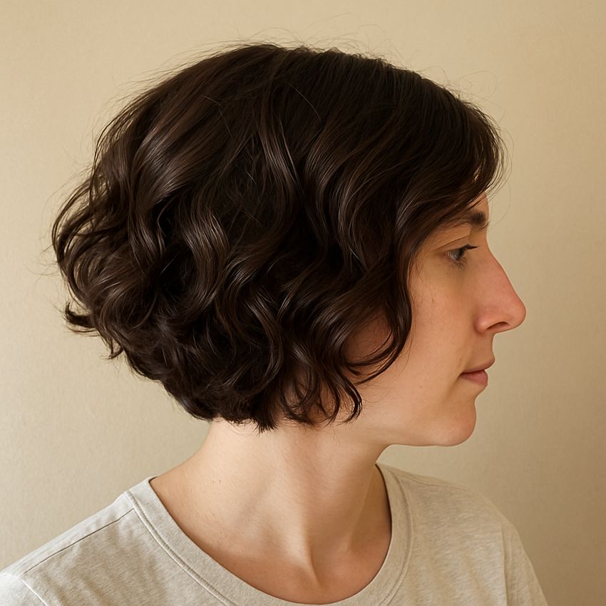 Carre plongeant court boucle brun chocolat