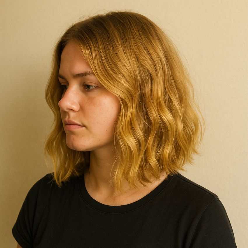 Carre plongeant long wavy blond dore-Visage carre