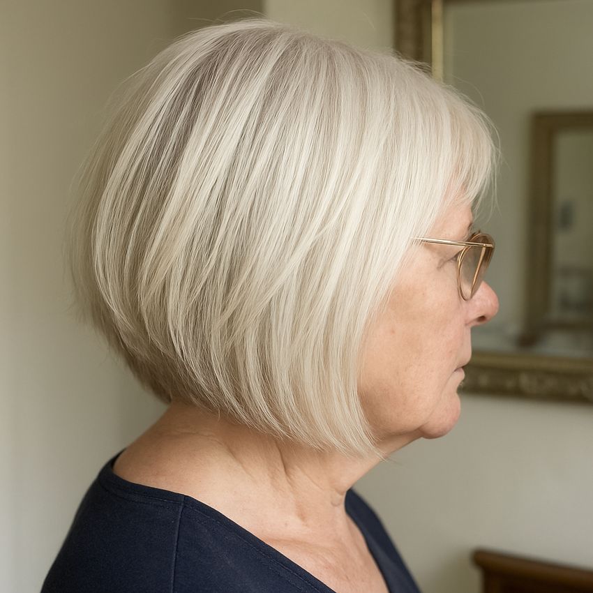 Carre plongeant mi-long effile degrade blond platine