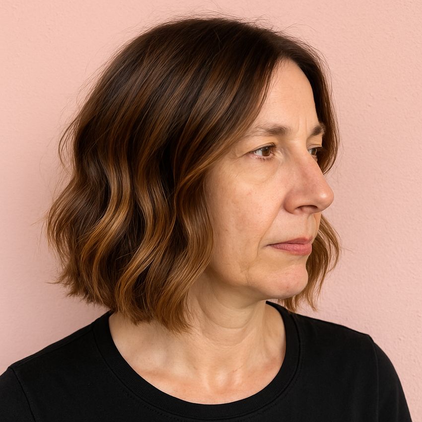Carre plongeant mi-long wavy balayage caramel