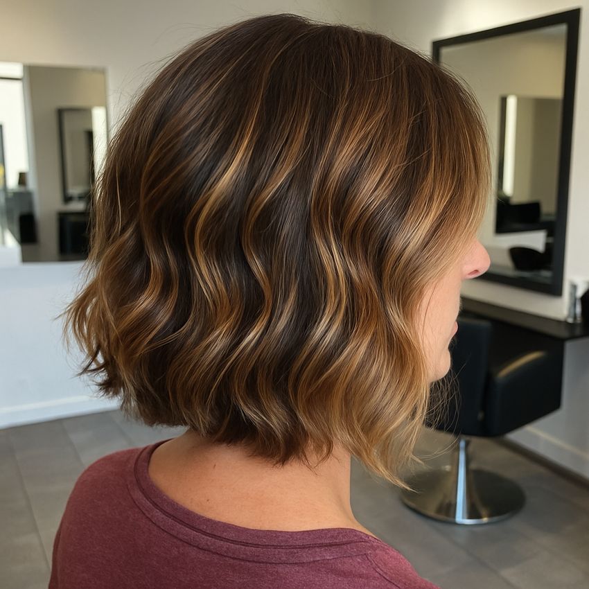 Carre plongeant mi-long wavy balayage caramel
