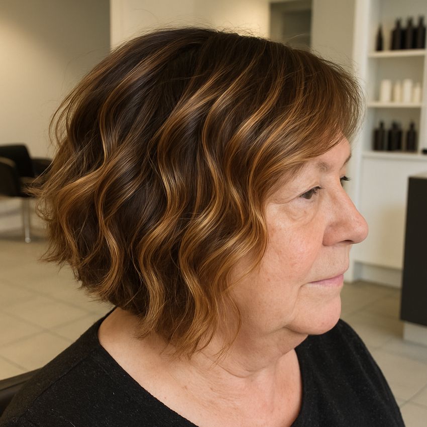 Carre plongeant mi-long wavy balayage caramel