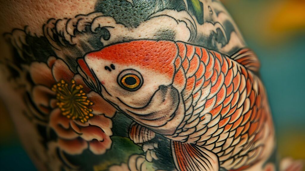 Tatouage carpe koï sur l'épaule d'un homme
