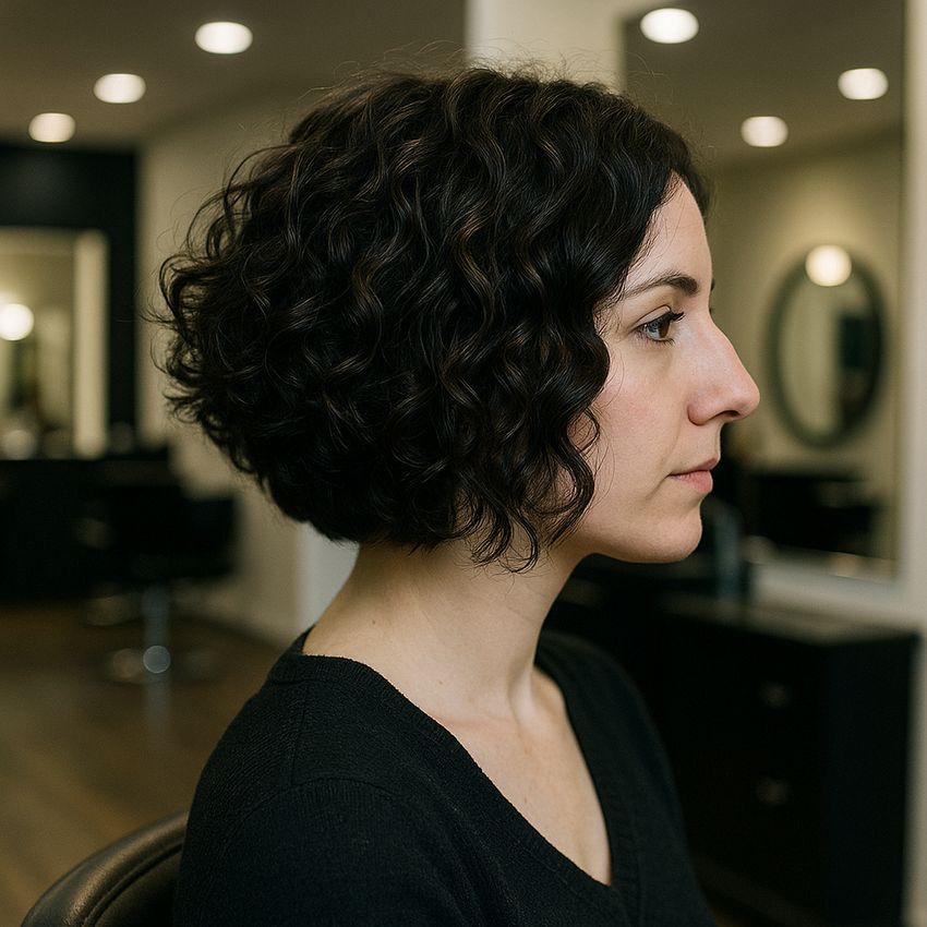 coupe cheveux carre plongeant court boucle brune