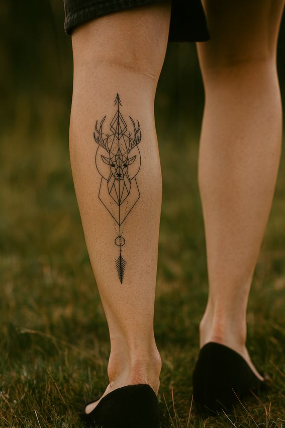 tatouage cerf fleche sur le mollet femme