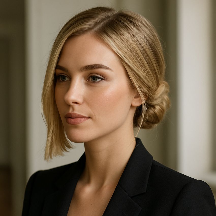 coupe de cheveux carré plongeant long sur blonde cheveux attaché
