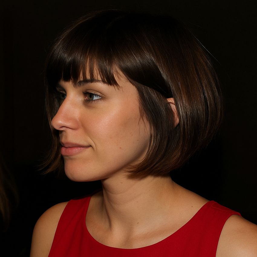coupe cheveux carré plongeant court avec frange glamour soirée