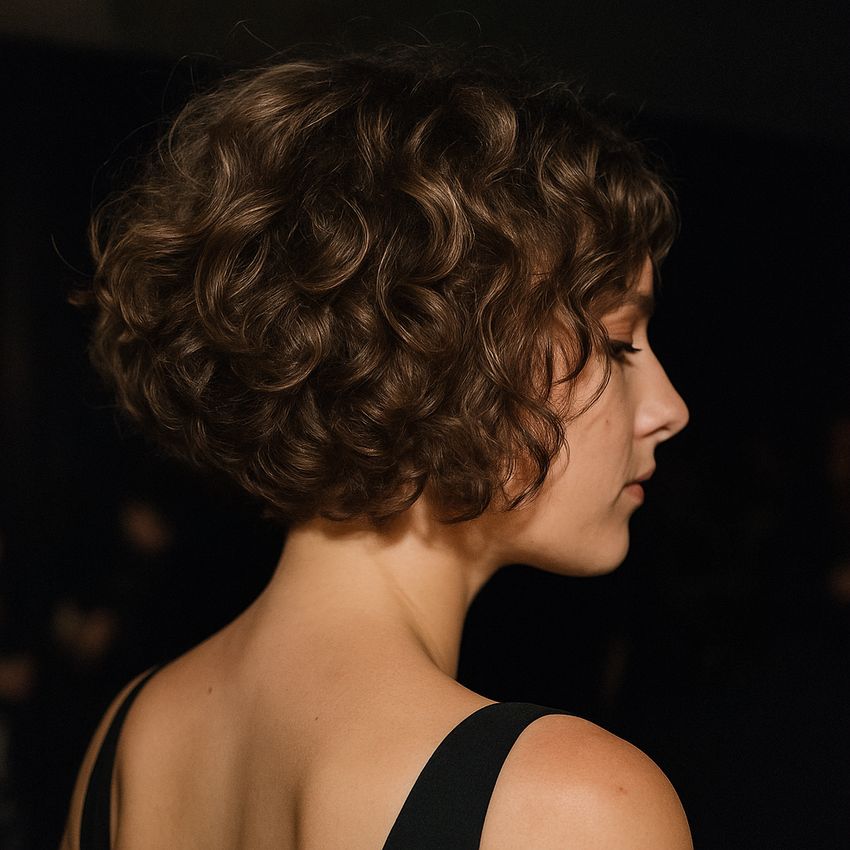 coupe cheveux carré plongeant court bouclé glamour soirée