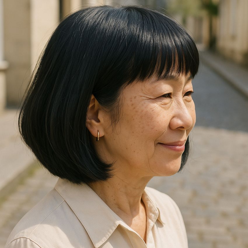 coupe cheveux carré plongeant mi long avec frange droite