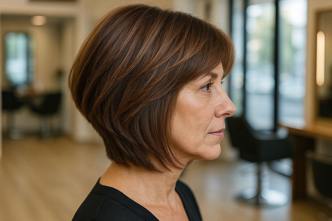 Femme avec une coupe carré plongeant mi long 40 ans