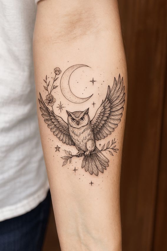 tatouage hibou sur l'avant bras d'une femme