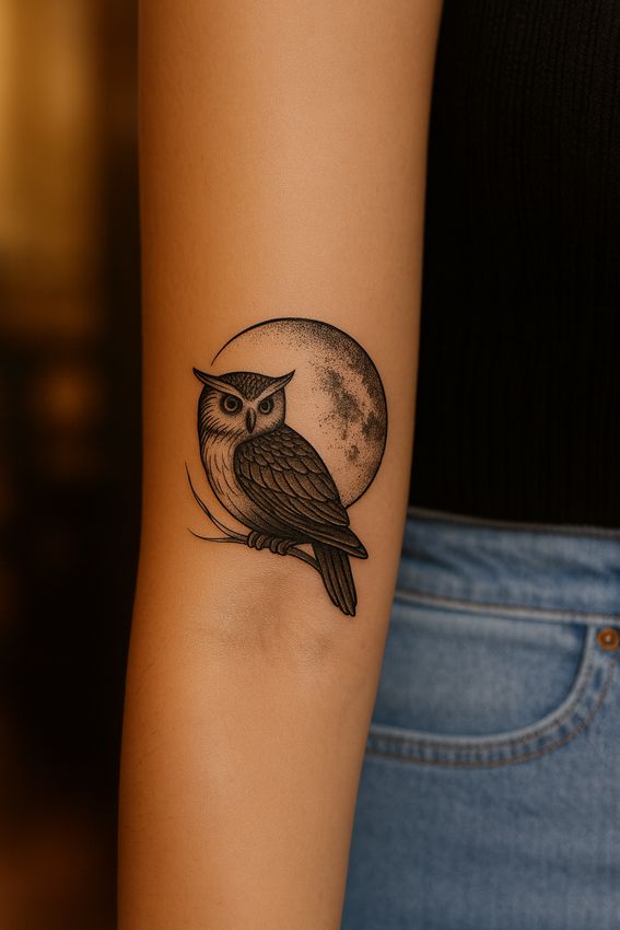 tatouage hibou sur le bras d'une femme
