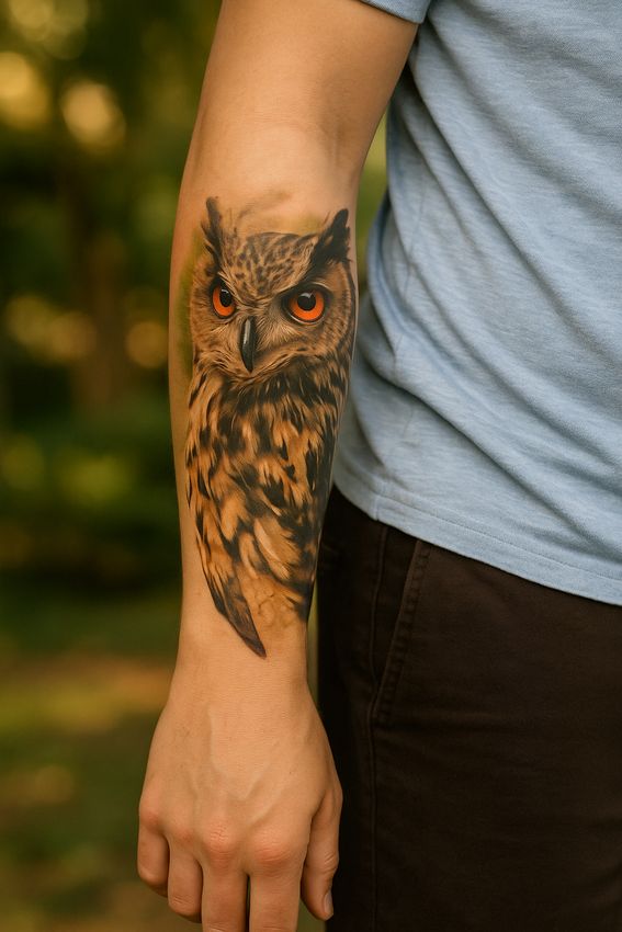tatouage hibou sur l'avant bras d'un homme