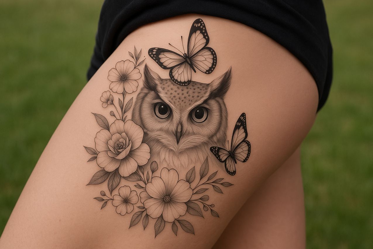 tatouage hibou sur la cuisse d'une femme