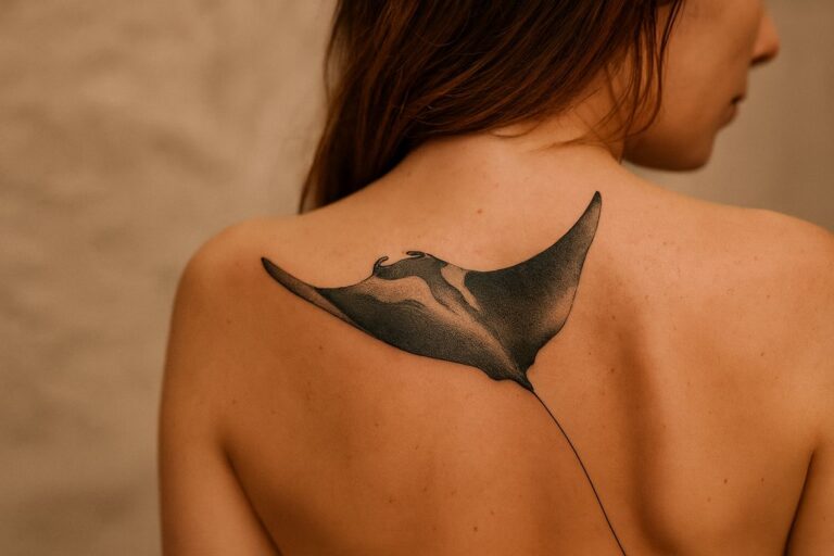 raie manta réaliste dans le dos d'une femme