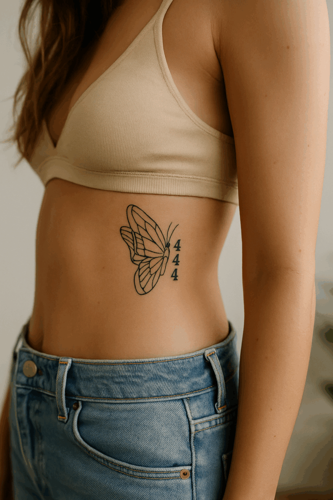 tatouage 444 avec papillon sur la hanche d'une femme