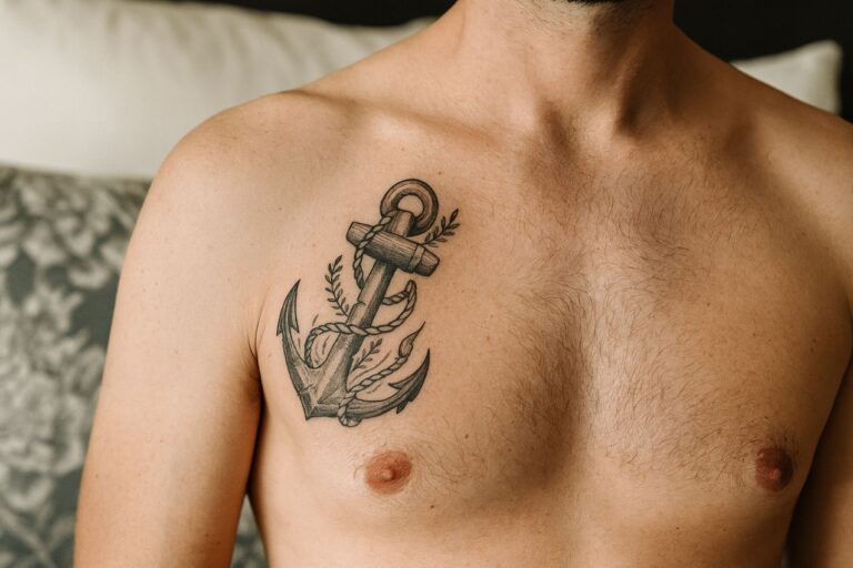tatouage ancre sur le pectoraux d'un homme