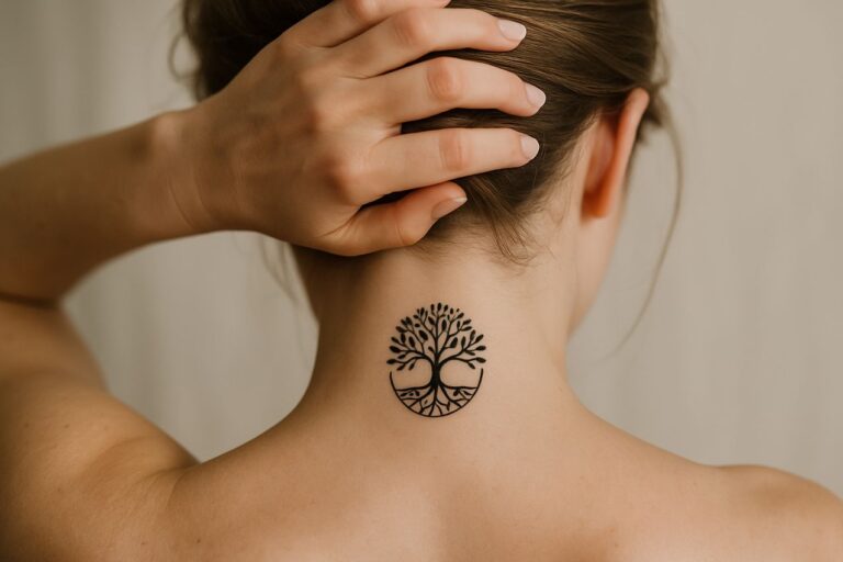 Tatouage arbre de vie sur la nuque d'une femme