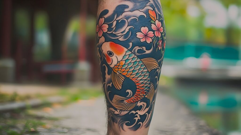 Tatouage carpe koï sur le mollet d'un homme