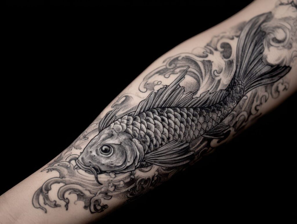Tatouage carpe koï en noir et blanc sur l'avant bras d'une homme
