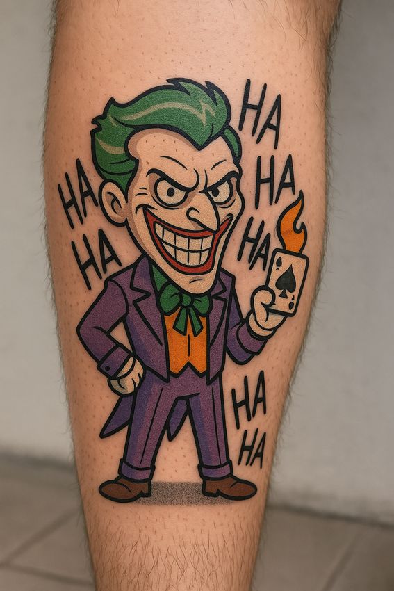 tatouage joker cartoon sur le mollet d'un homme