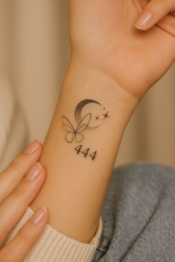 tatouage 444 sur le poignet d'une femme avec une lune