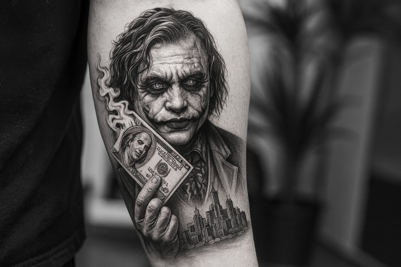 tatouage du joker sur le bras d'un homme