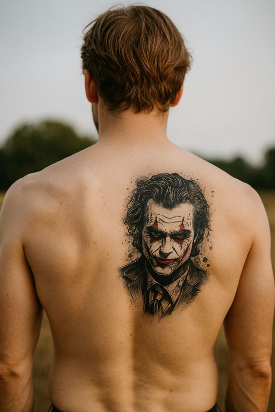 tatouage joker sur le dos d'un homme
