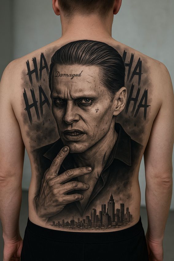 tatouage d'un joker sur le dos d'un homme