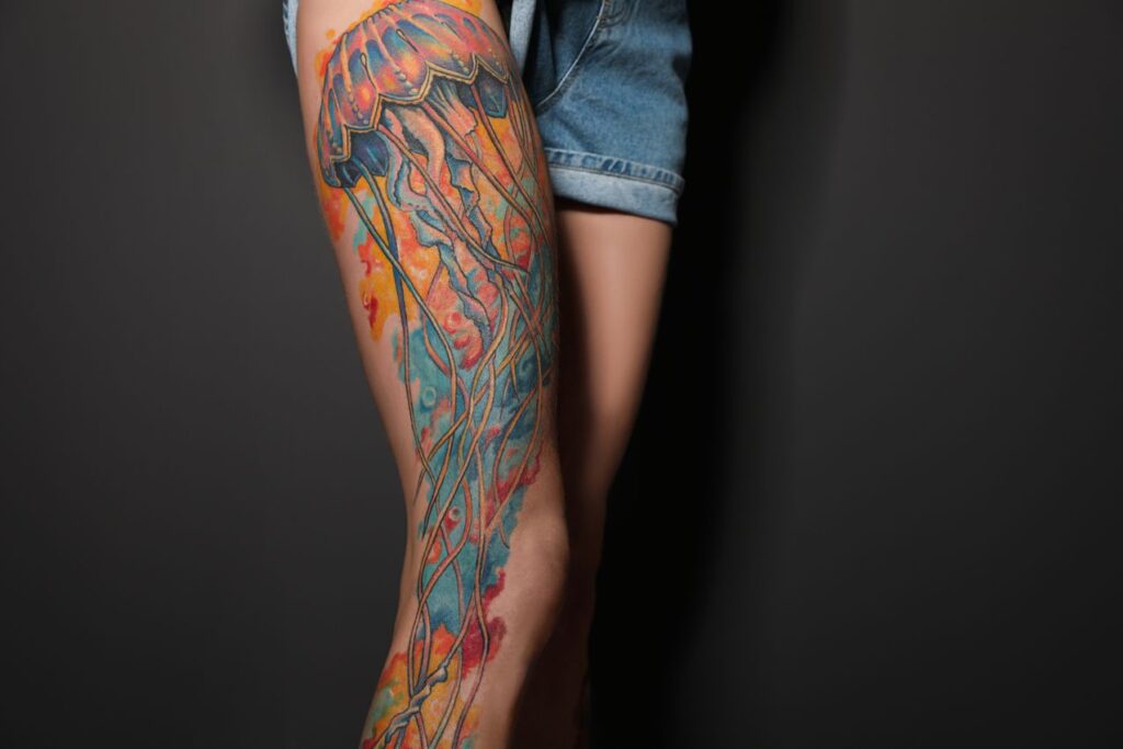 magnifique tatouage méduse sur la cuisse d'une femme