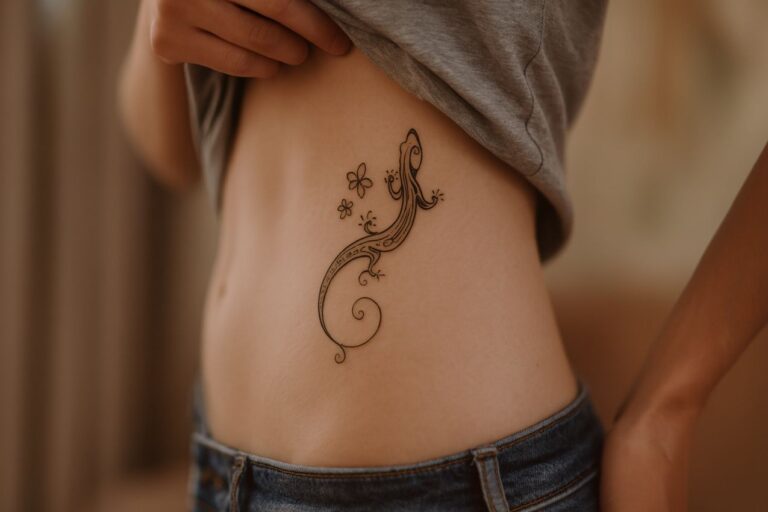 tatouage salamandre sur la hanche d'une femme