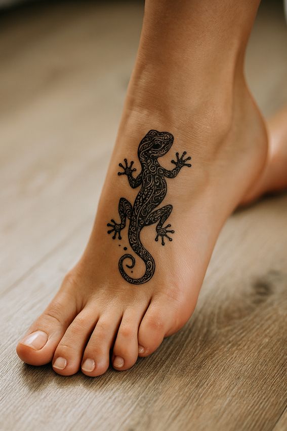 tatouage salamandre sur le pied d'une femme
