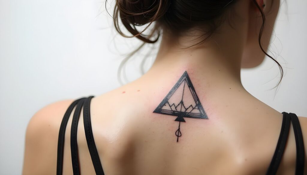 tatouage triangle et montagne sur la nuque d'une femme