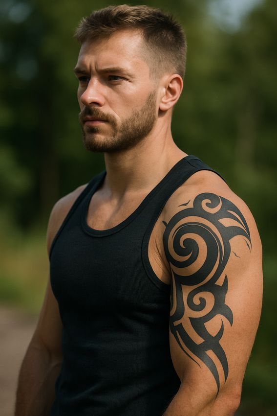Tatouage tribal sur le bras d'un homme musclé
