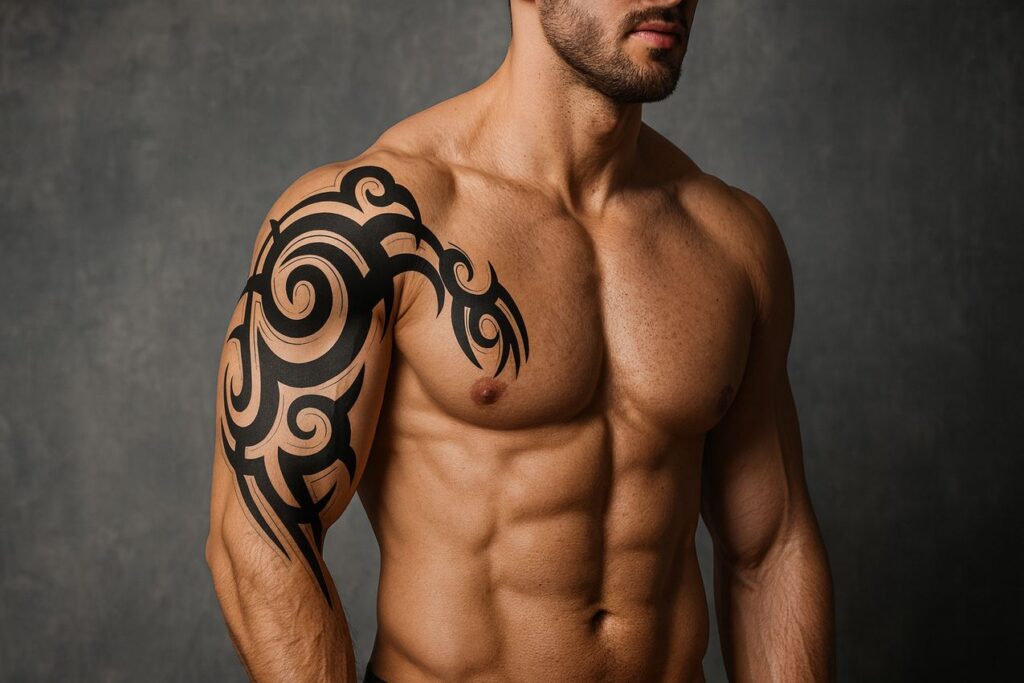 Tatouage tribal sur le pectoraux et le bras d'un homme