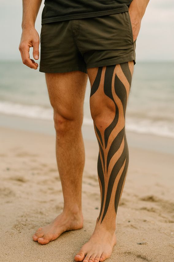 Tatouage tribal autour du genoux d'un homme
