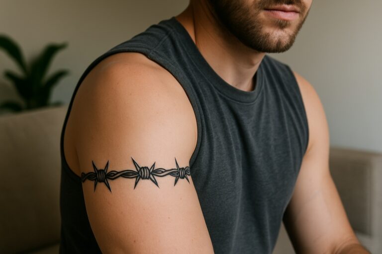 Tatouage d'un fil barbelé sur le biceps d'un homme