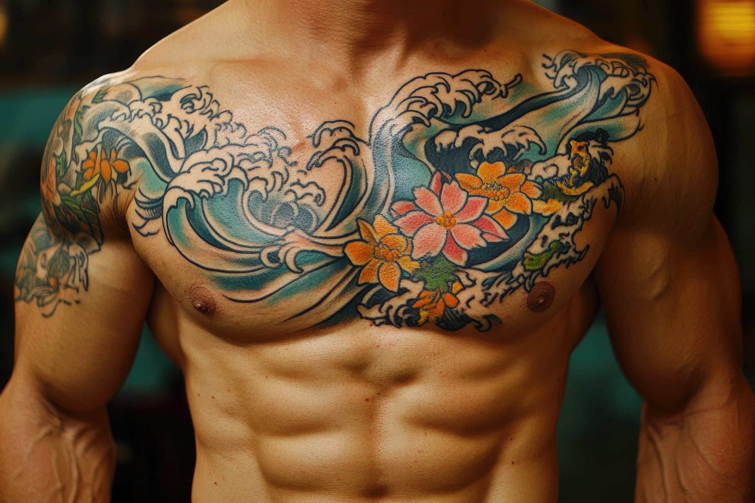 Tatouage en couleurs d'une vague sur le torse d'un homme