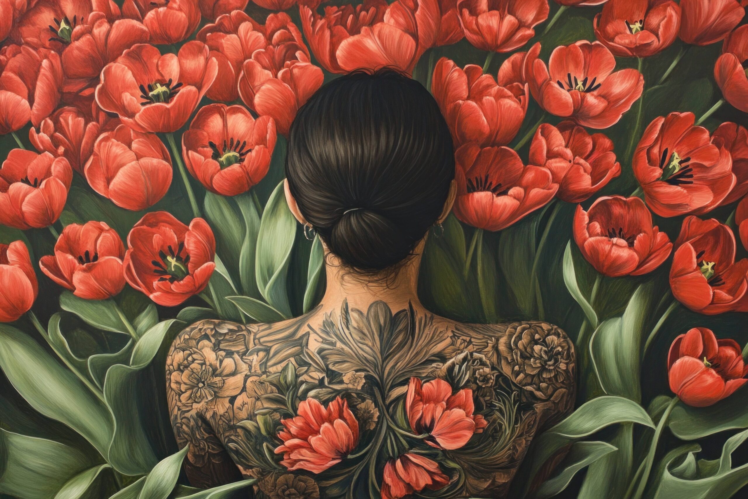 Dessin d'un tatouage de tulipes en couleurs qui recouvre une grande partie du dos