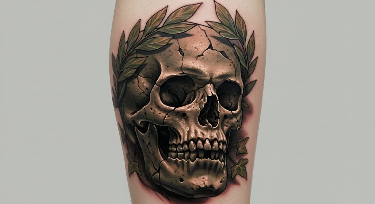 Tatouage de tête de mort avec une couronne de laurier