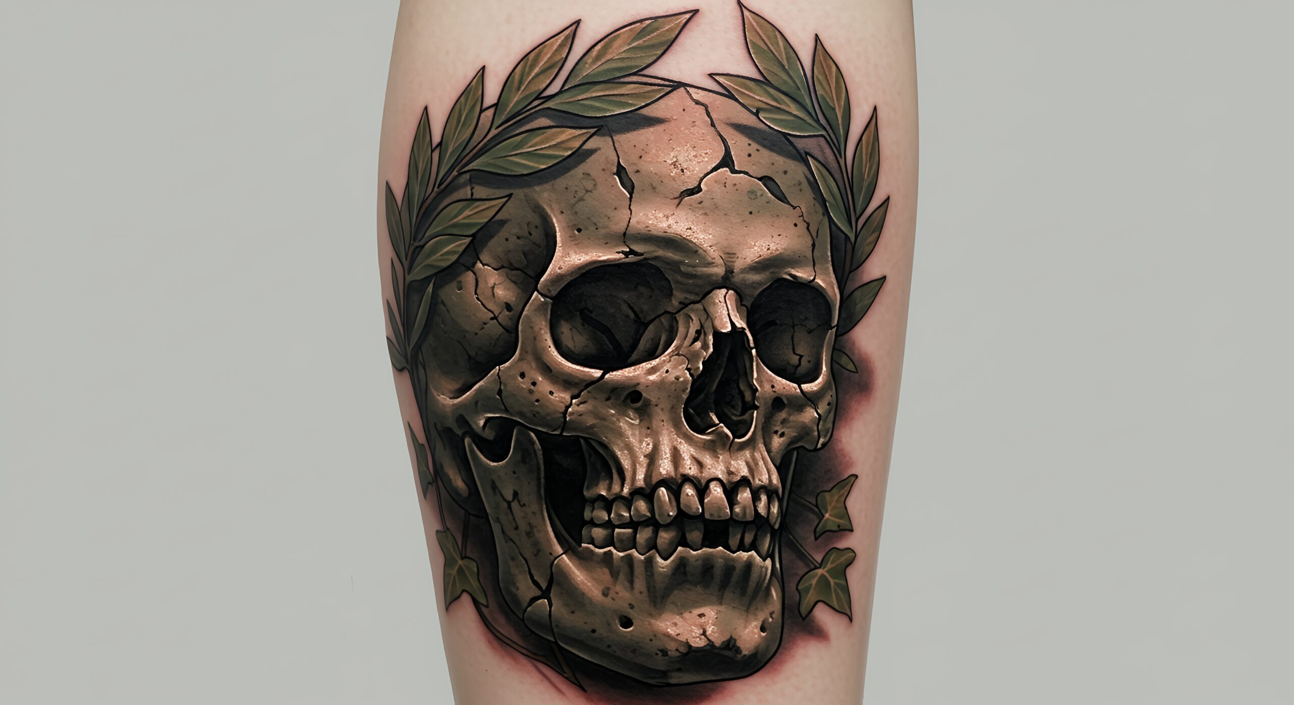 Tatouage de tête de mort avec une couronne de laurier