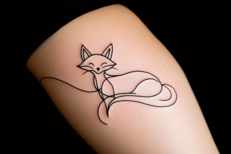 Tatouage très fin et discret d'un renard souriant sur le bras