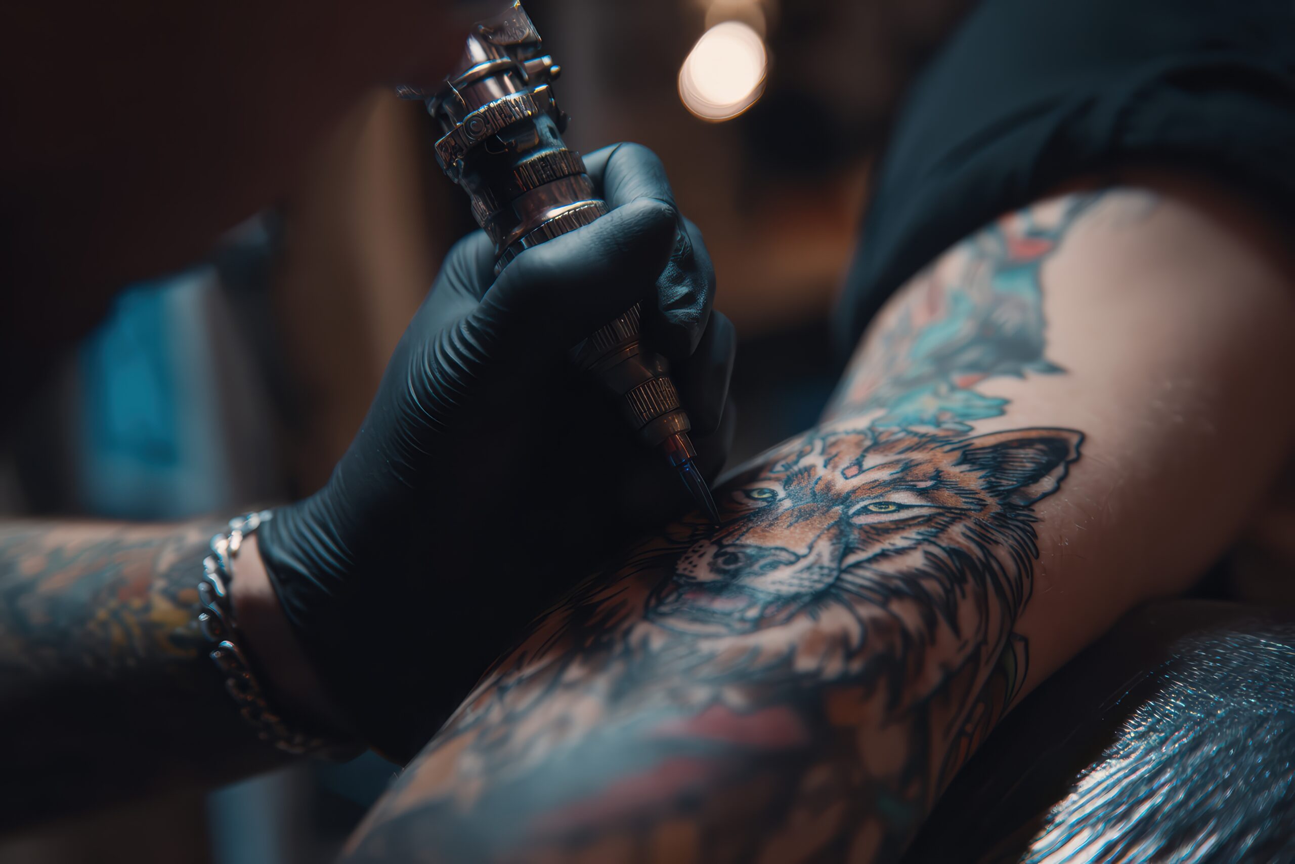Tatoueur en train de tatouer un loup sur un bras