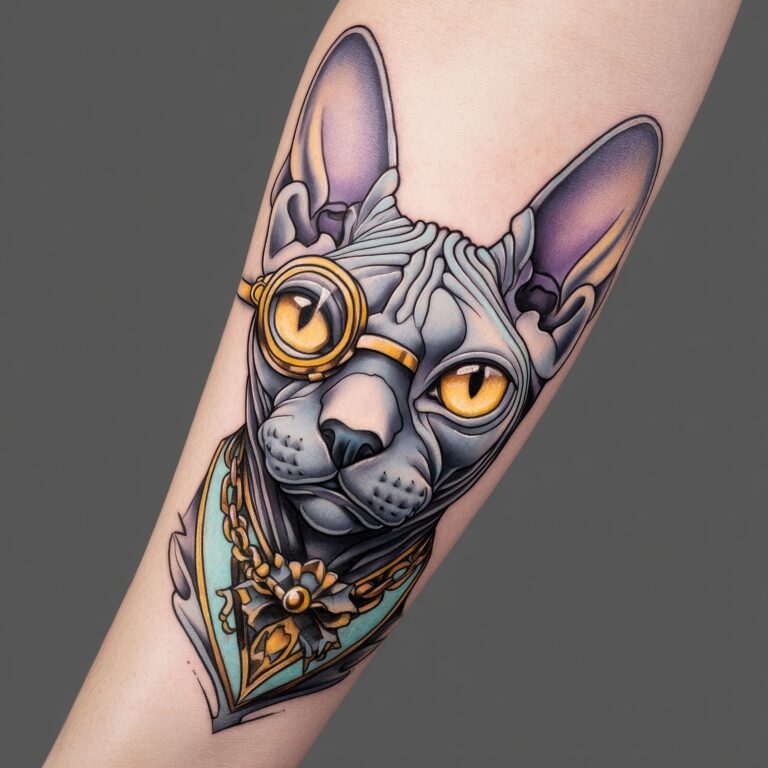 Tatouage d'une tête de chat nu en couleurs sur l'avant bras