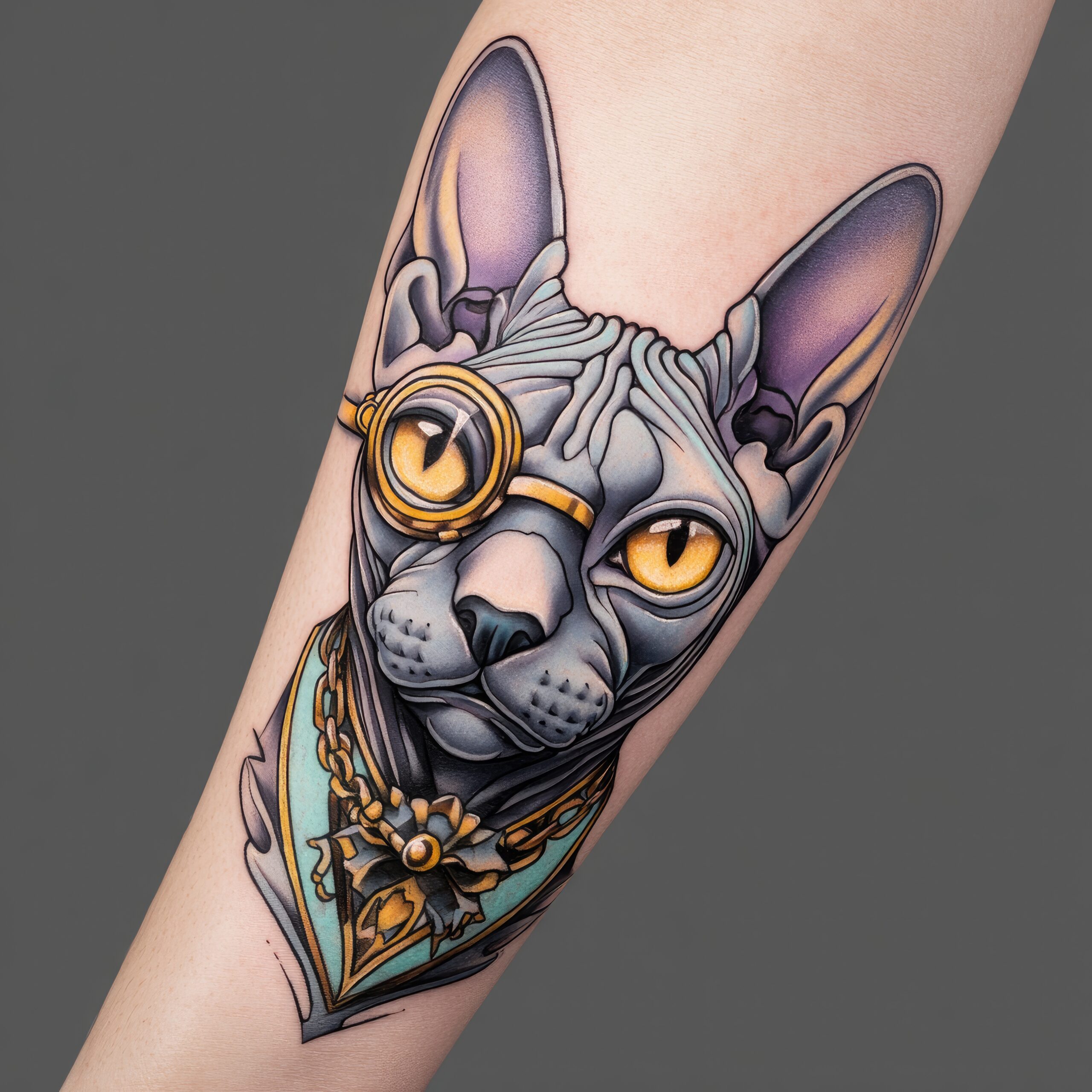 Tatouage d'une tête de chat nu en couleurs sur l'avant bras