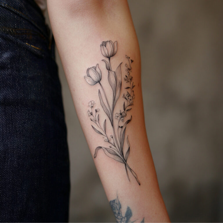 Tatouage de deux tulipes sans couleurs sur l'avant-bras